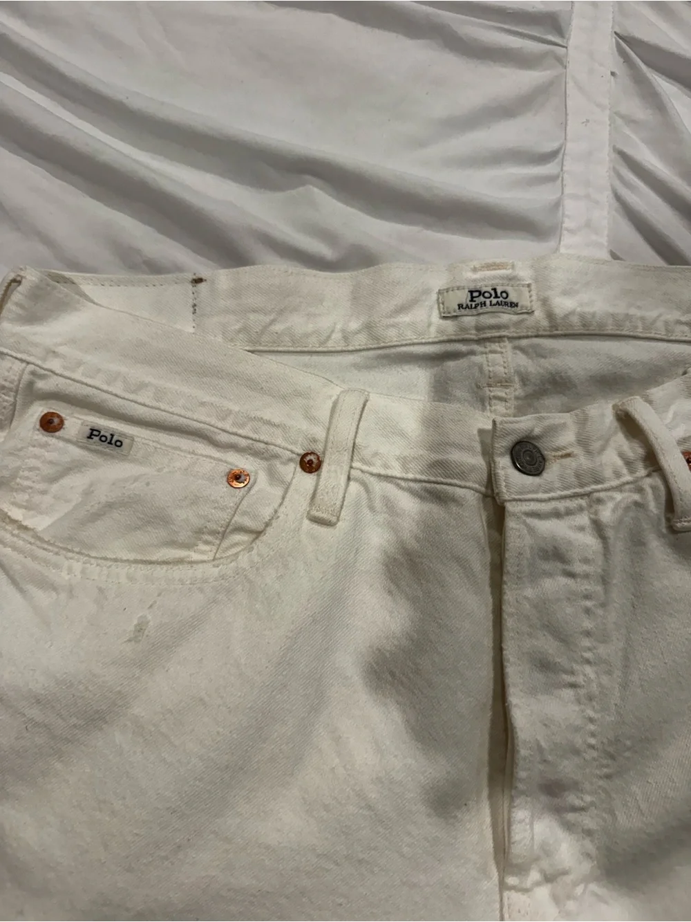 Ralph Lauren Men's White Straight Jeans with Distressed Detail